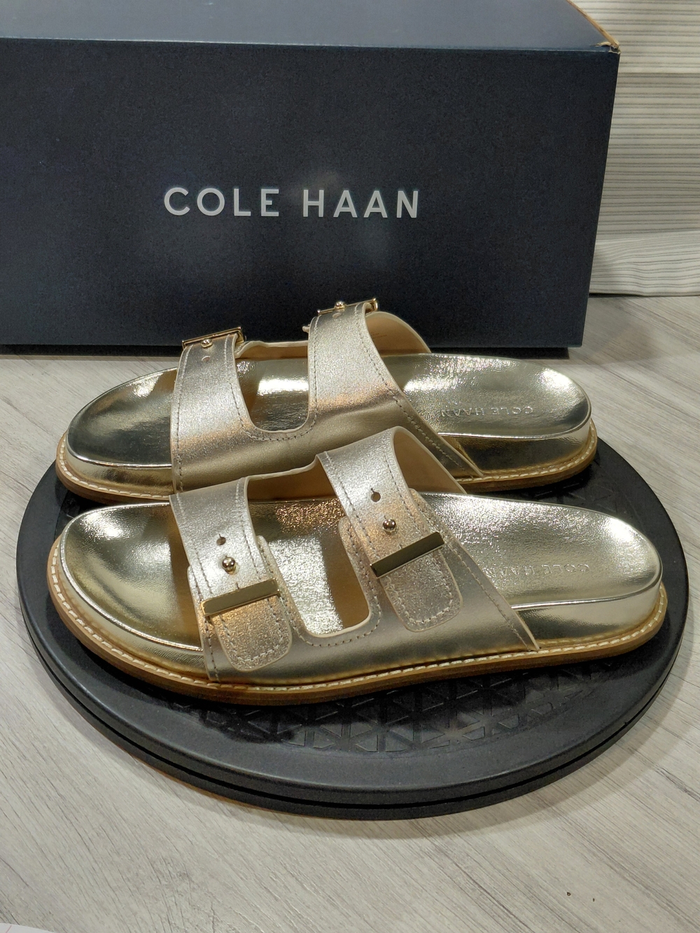NEW Cole Haan Marisol Footbed Sandal Soft Gold Double-Buckle Slide Sandals W7
